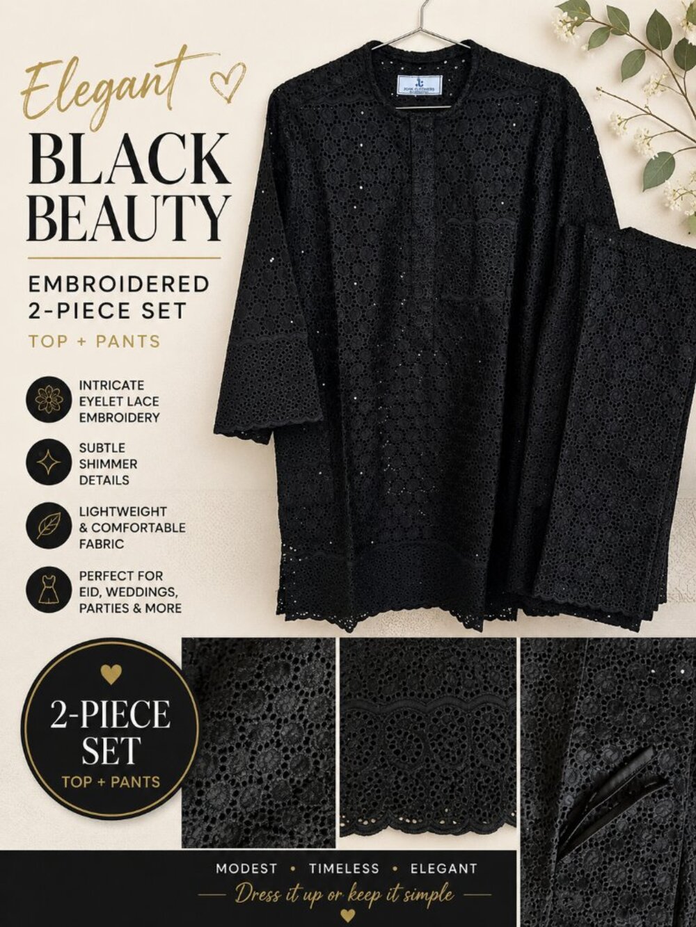 Joak Clothiers Black Embroidered Eyelet Lace 2 Piece Kurta Pant Set M